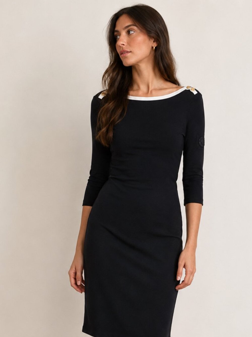 Ralph Lauren Small S Black White Trim Boat‎ Neck Cotton Rib Knit Sheath Dress